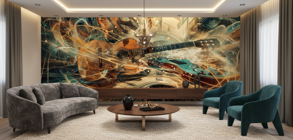 Papier Peint Guitares Artistiques Effet Lumière Dorée et Turquoise - Salon / Séjour