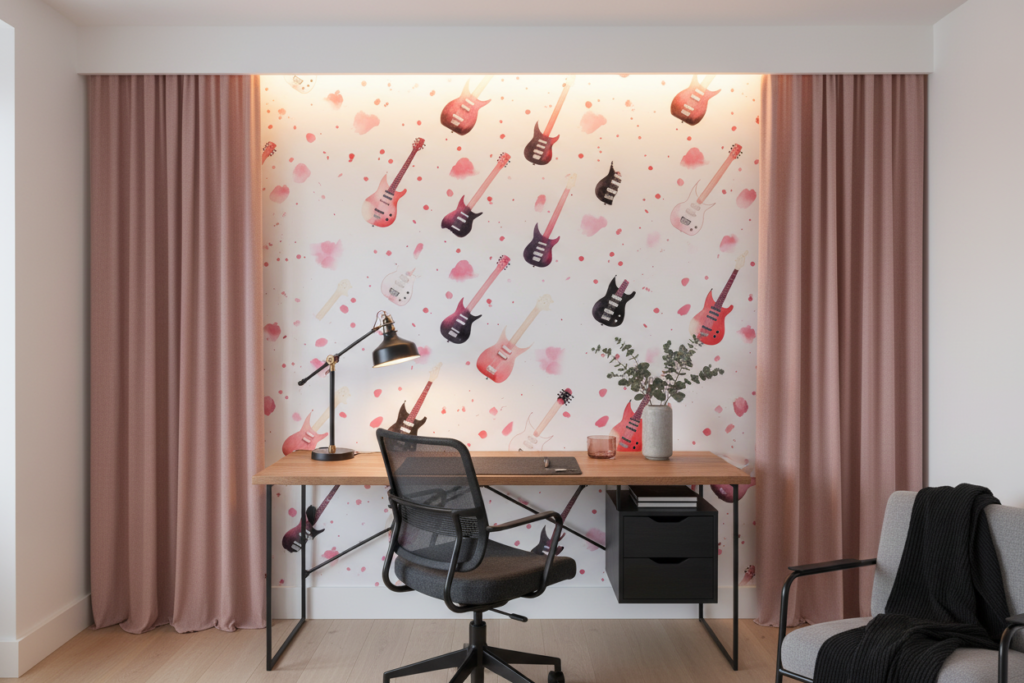 Papier Peint Guitares Électriques Rose Noir Style Musical Rock - Bureau