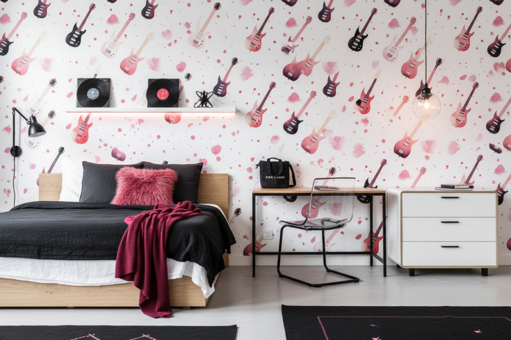 Papier Peint Guitares Électriques Rose Noir Style Musical Rock - Chambre ado