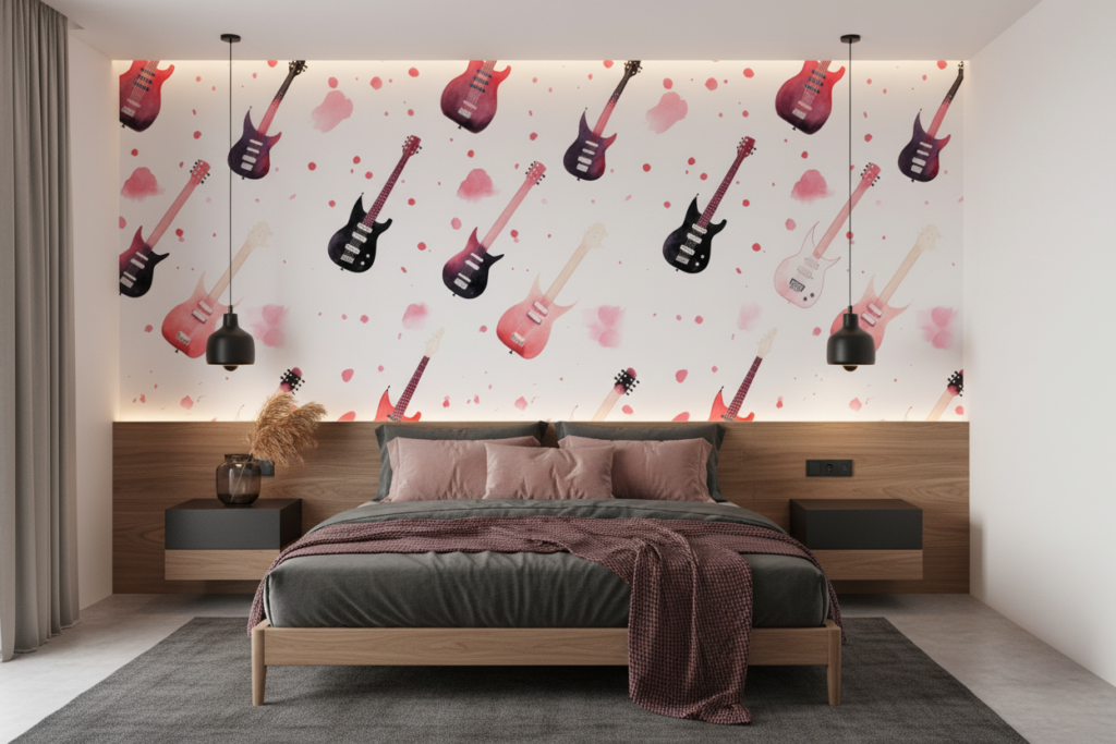 Papier Peint Guitares Électriques Rose Noir Style Musical Rock - Chambre adulte
