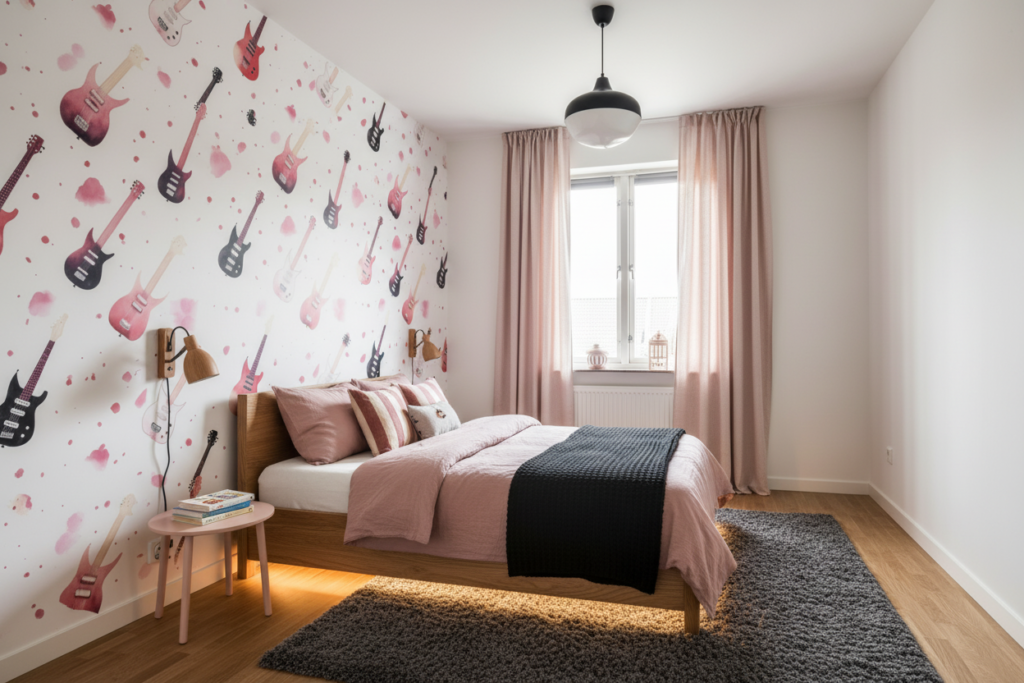 Papier Peint Guitares Électriques Rose Noir Style Musical Rock - Chambre enfant