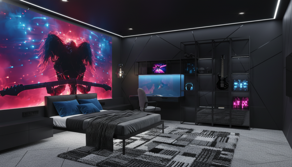 Papier Peint Guitariste Rock Concert Lumières Néon Cyberpunk - Chambre ado