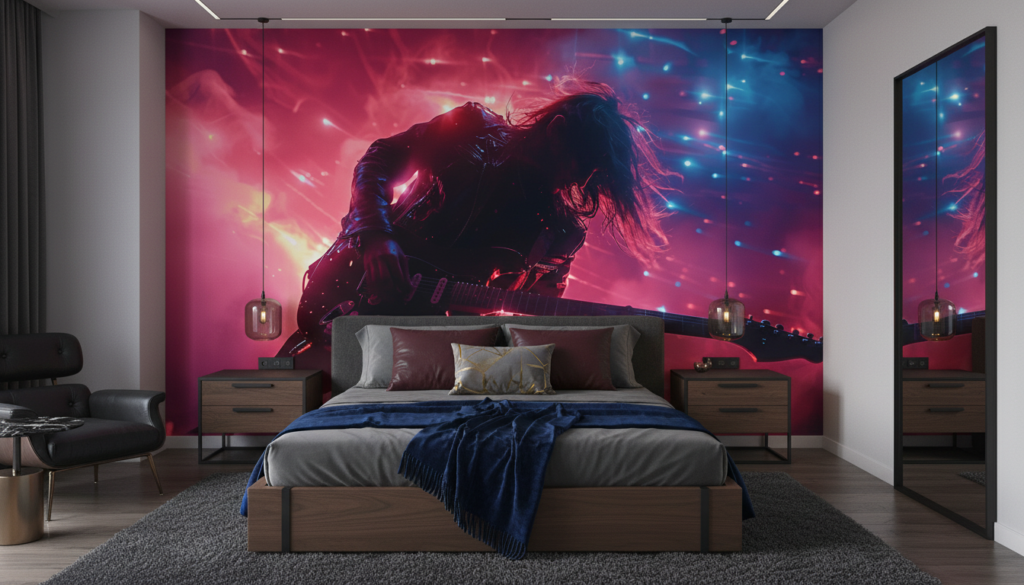 Papier Peint Guitariste Rock Concert Lumières Néon Cyberpunk - Chambre adulte