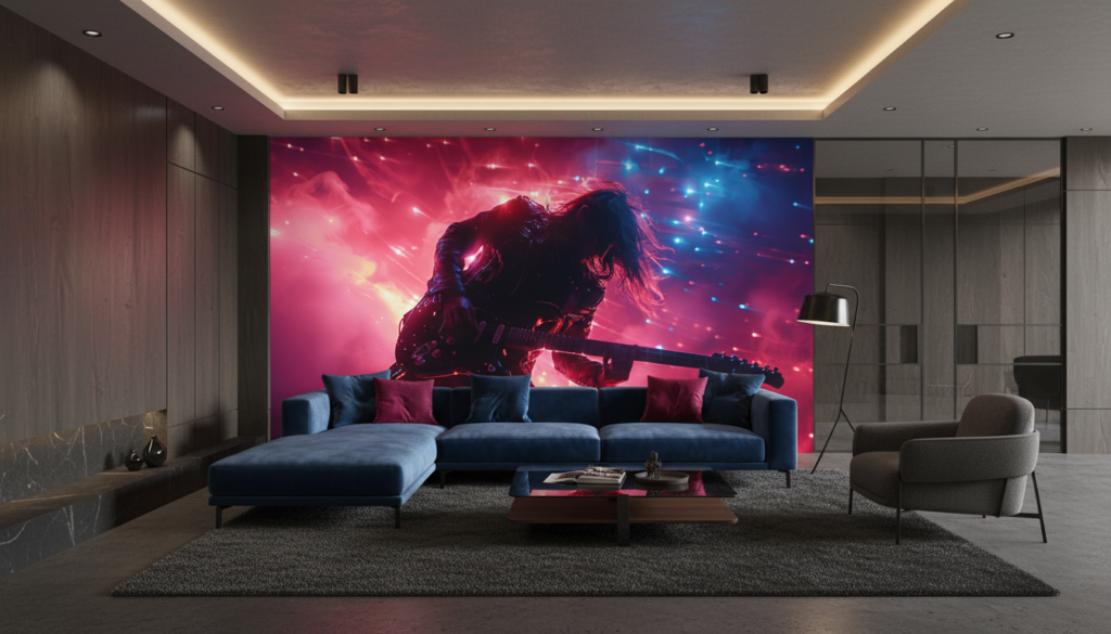 Papier Peint Guitariste Rock Concert Lumières Néon Cyberpunk - Salon / Séjour