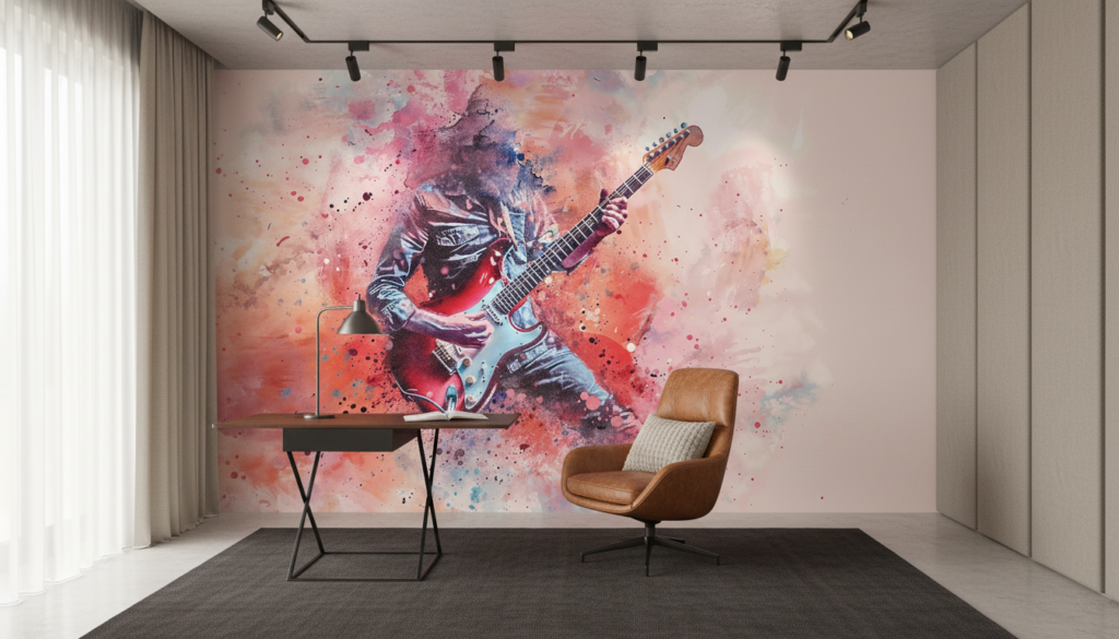 Papier Peint Guitariste Rock Explosion de Couleurs Watercolor - Bureau