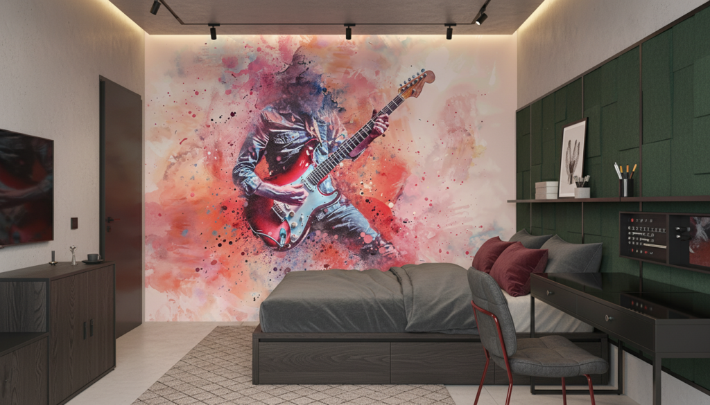 Papier Peint Guitariste Rock Explosion de Couleurs Watercolor - Chambre ado