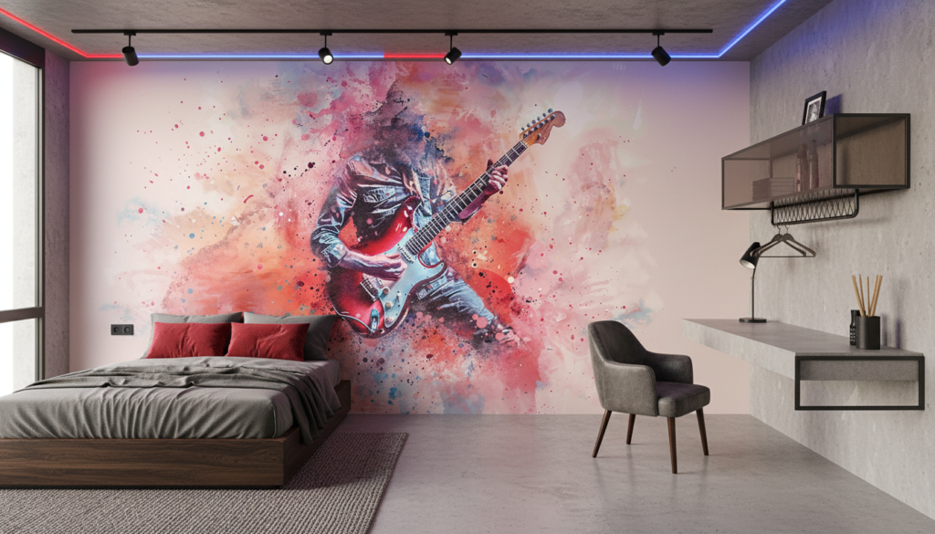 Papier Peint Guitariste Rock Explosion de Couleurs Watercolor - Chambre ado