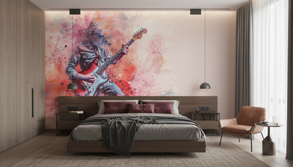 Papier Peint Guitariste Rock Explosion de Couleurs Watercolor - Chambre adulte