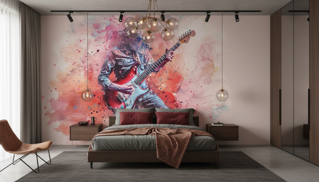 Papier Peint Guitariste Rock Explosion de Couleurs Watercolor - Chambre adulte