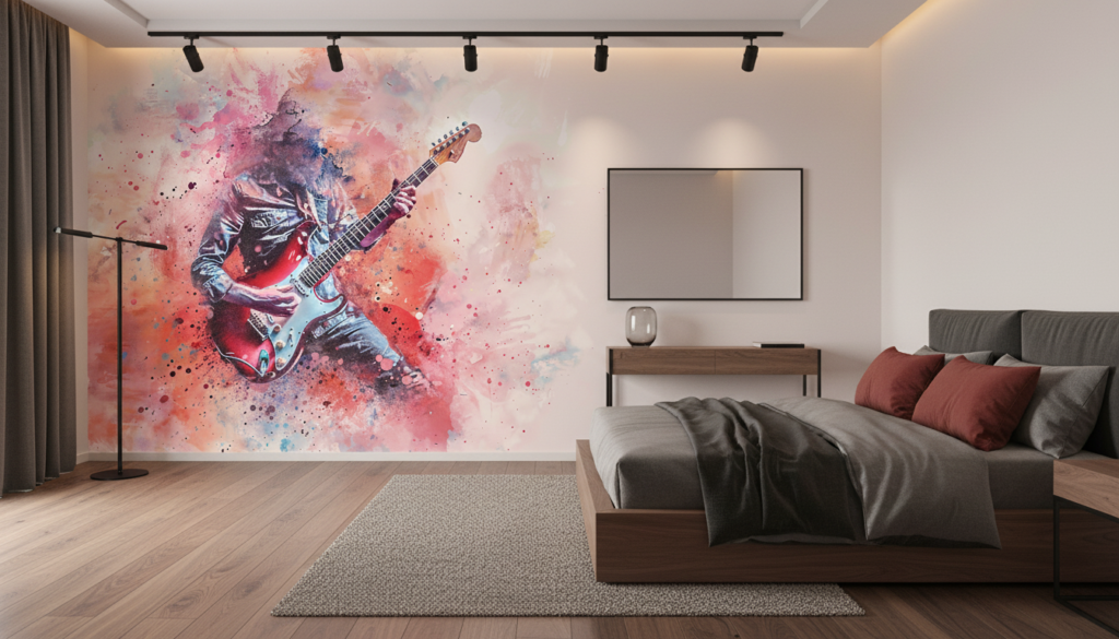 Papier Peint Guitariste Rock Explosion de Couleurs Watercolor - Chambre adulte