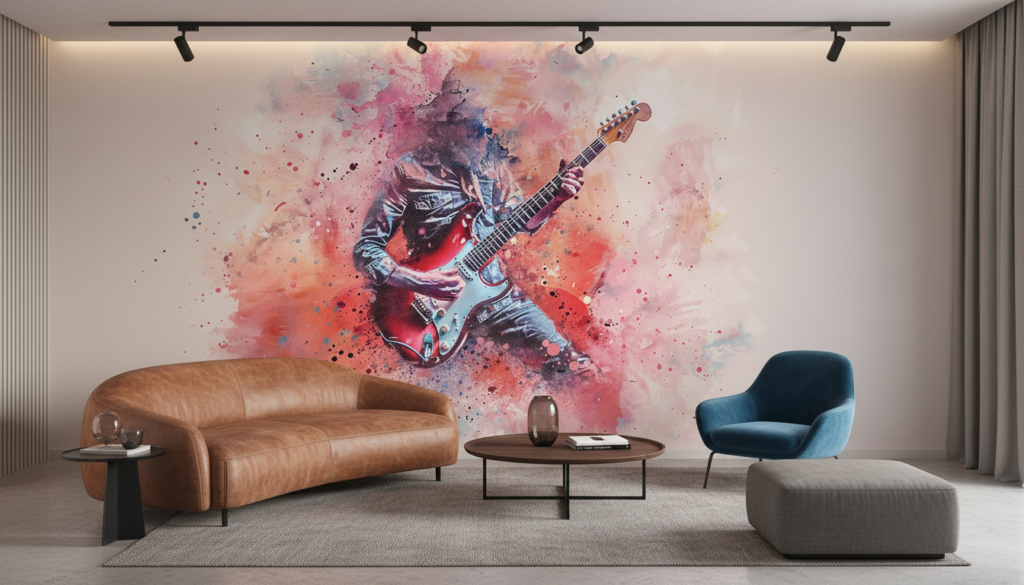 Papier Peint Guitariste Rock Explosion de Couleurs Watercolor - Salon / Séjour