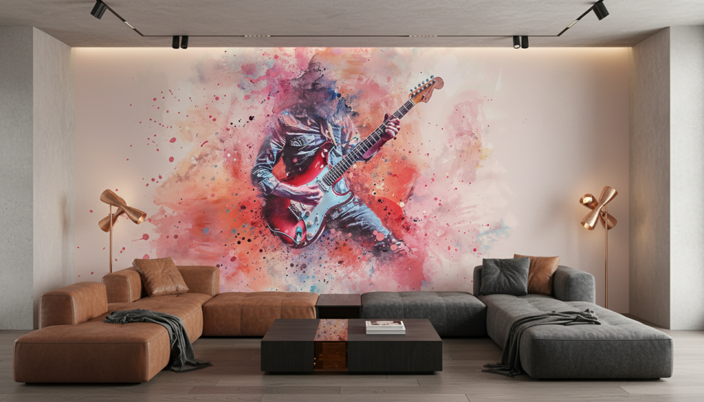 Papier Peint Guitariste Rock Explosion de Couleurs Watercolor - Salon / Séjour