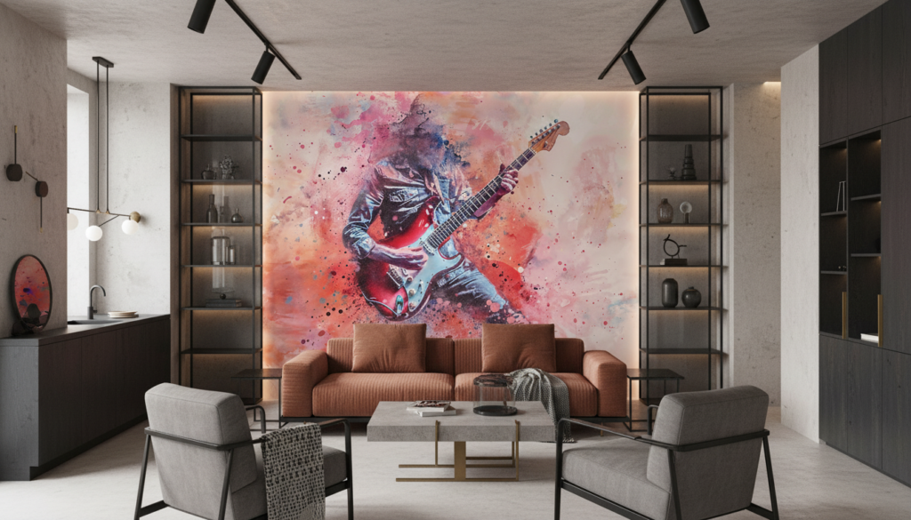 Papier Peint Guitariste Rock Explosion de Couleurs Watercolor - Salon / Séjour