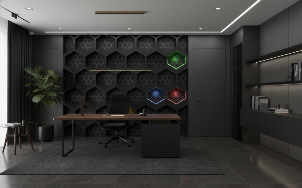 Papier Peint Hexagonal Futuriste avec Motifs Géométriques Lumineux Tech - Bureau