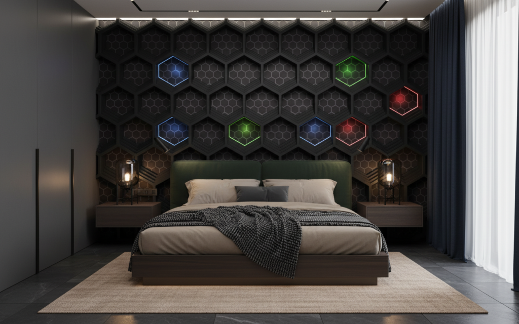 Papier Peint Hexagonal Futuriste avec Motifs Géométriques Lumineux Tech - Chambre adulte