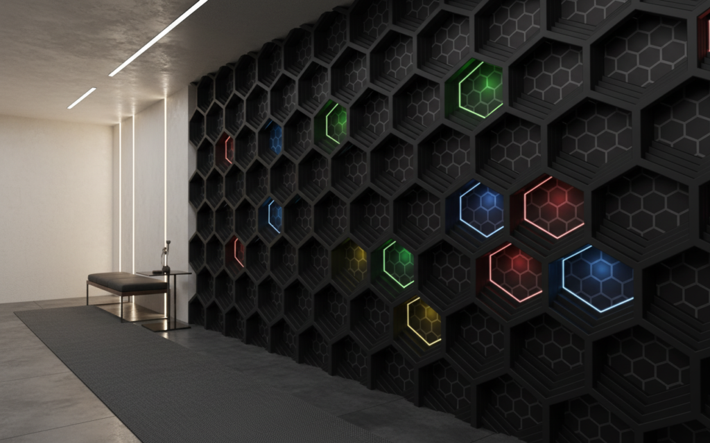 Papier Peint Hexagonal Futuriste avec Motifs Géométriques Lumineux Tech - Couloir