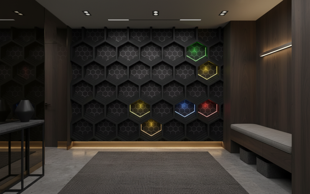 Papier Peint Hexagonal Futuriste avec Motifs Géométriques Lumineux Tech - Entrée