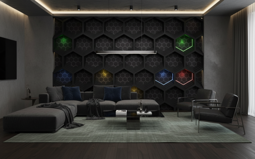 Papier Peint Hexagonal Futuriste avec Motifs Géométriques Lumineux Tech - Salon / Séjour