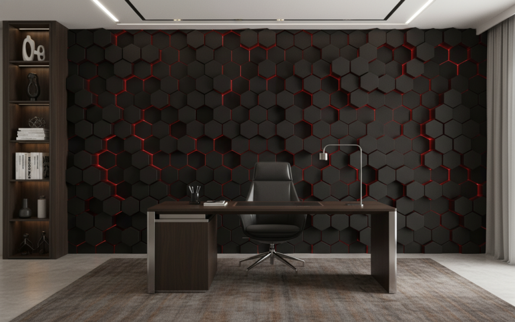 Papier Peint Hexagones 3D Futuristes avec Éclairage LED Rouge - Bureau