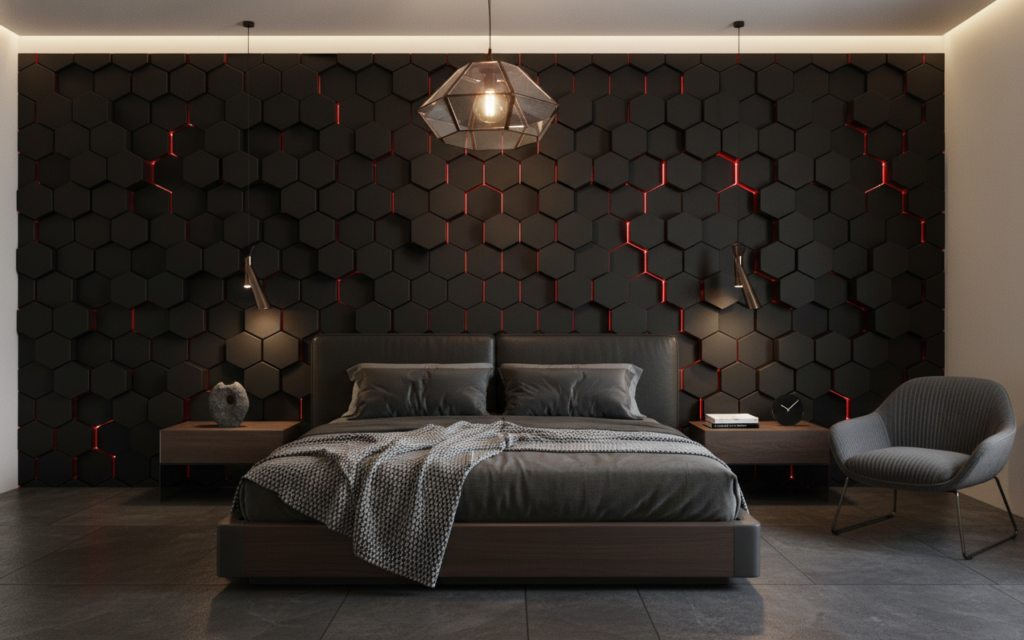 Papier Peint Hexagones 3D Futuristes avec Éclairage LED Rouge - Chambre adulte