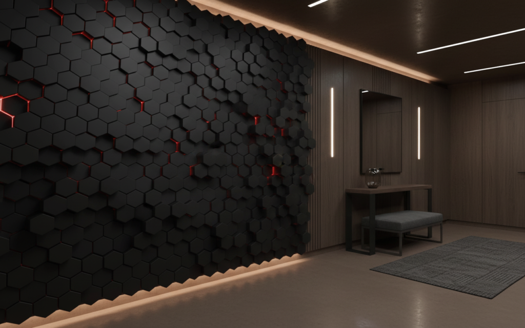 Papier Peint Hexagones 3D Futuristes avec Éclairage LED Rouge - Couloir