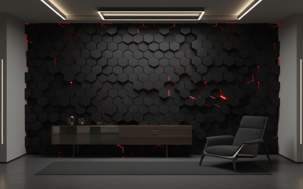 Papier Peint Hexagones 3D Futuristes avec Éclairage LED Rouge - Entrée