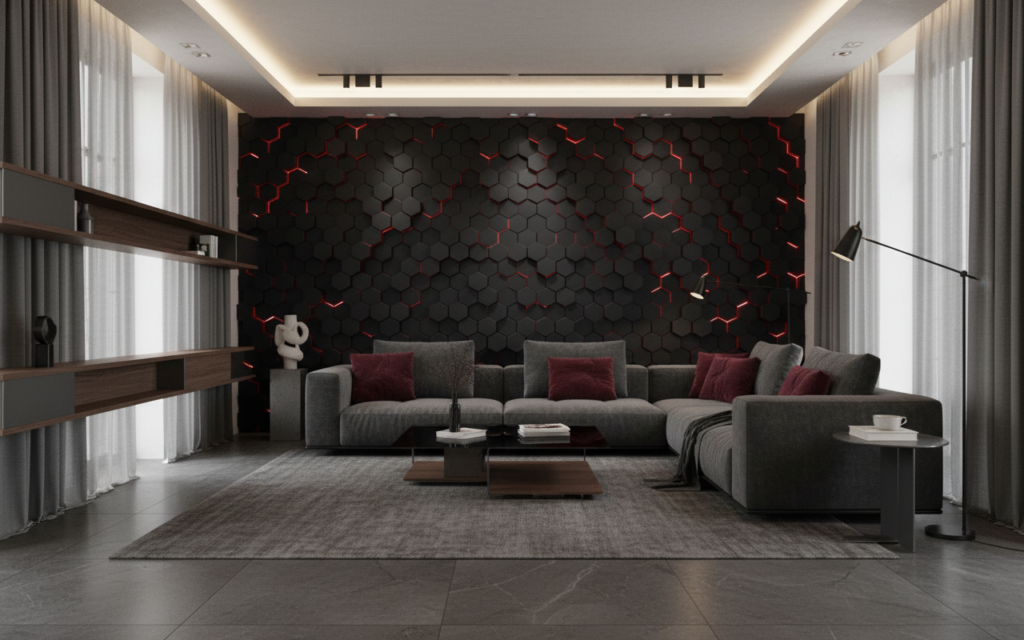 Papier Peint Hexagones 3D Futuristes avec Éclairage LED Rouge - Salon / Séjour