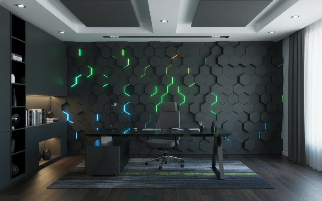 Papier Peint Hexagones 3D Lumineux Futuriste Bleu Vert - Bureau