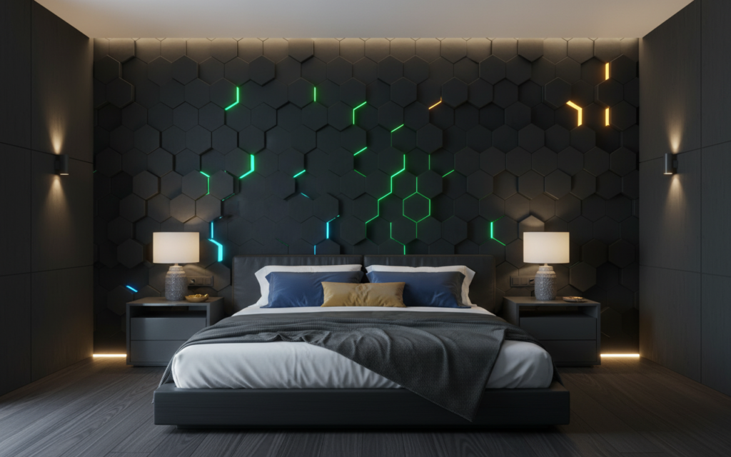 Papier Peint Hexagones 3D Lumineux Futuriste Bleu Vert - Chambre adulte