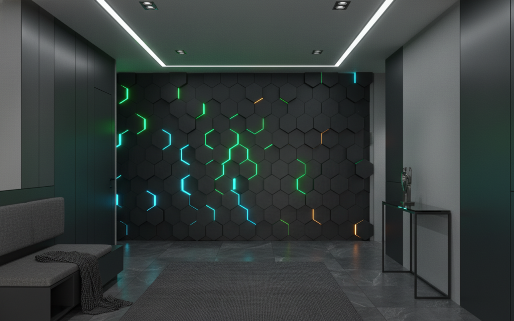 Papier Peint Hexagones 3D Lumineux Futuriste Bleu Vert - Couloir