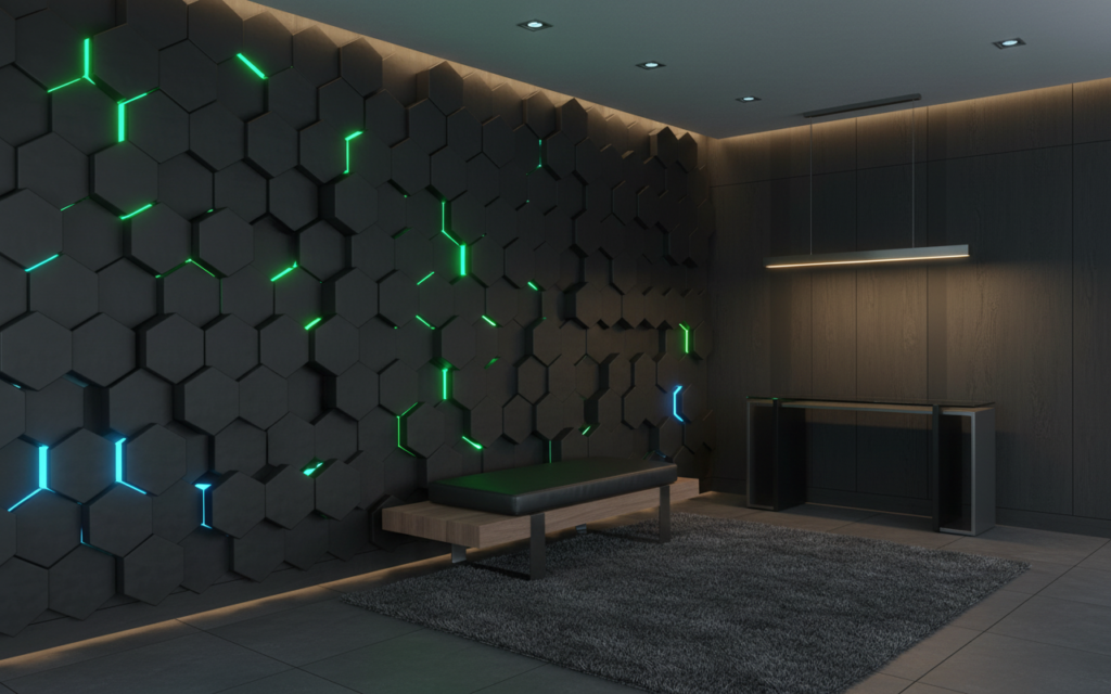Papier Peint Hexagones 3D Lumineux Futuriste Bleu Vert - Entrée