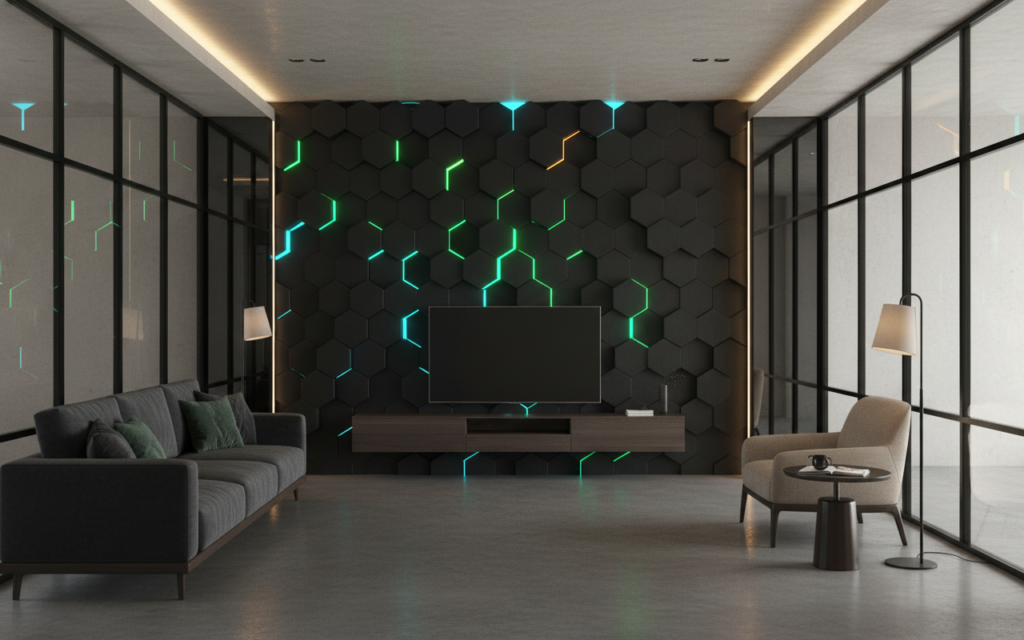 Papier Peint Hexagones 3D Lumineux Futuriste Bleu Vert - Salon / Séjour