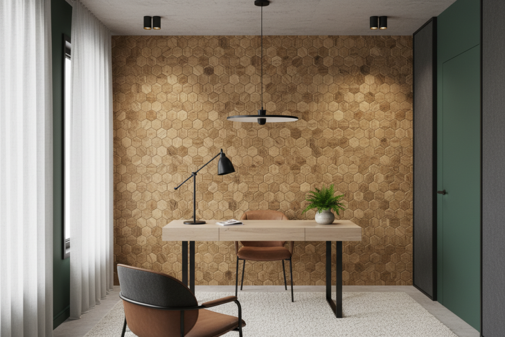 Papier Peint Hexagones Bois Naturel Texture Moderne Géométrique - Bureau