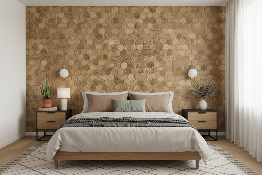 Papier Peint Hexagones Bois Naturel Texture Moderne Géométrique - Chambre adulte