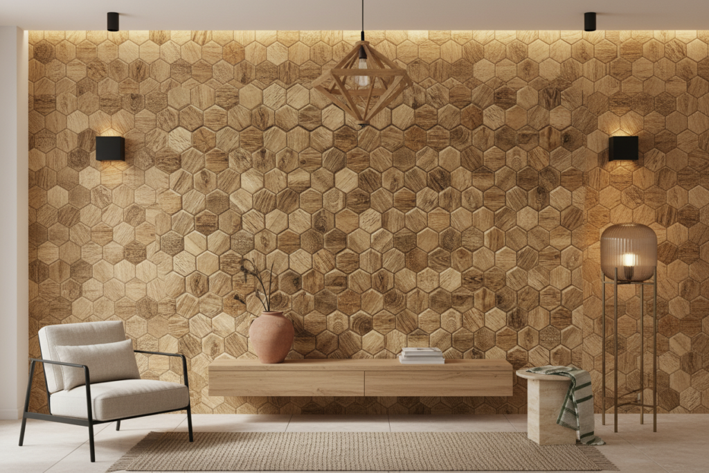 Papier Peint Hexagones Bois Naturel Texture Moderne Géométrique - Entrée