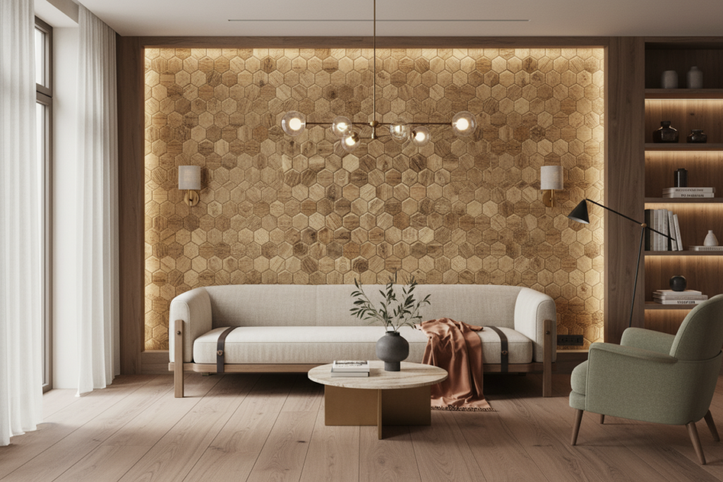 Papier Peint Hexagones Bois Naturel Texture Moderne Géométrique - Hôtel