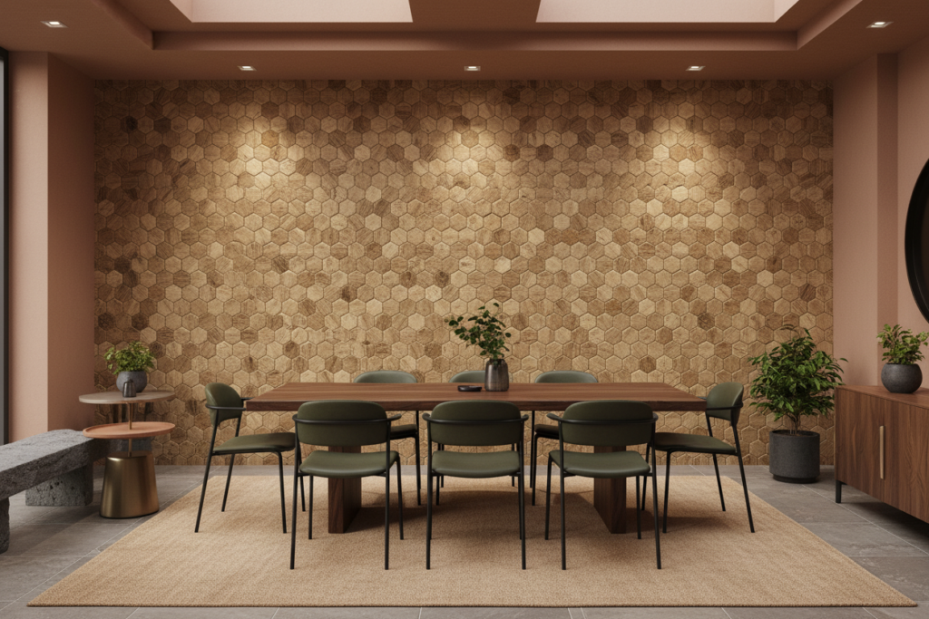 Papier Peint Hexagones Bois Naturel Texture Moderne Géométrique - Restaurant