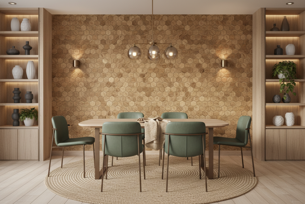 Papier Peint Hexagones Bois Naturel Texture Moderne Géométrique - Salle à manger