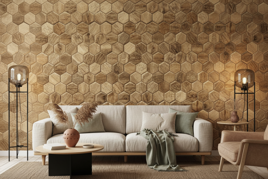 Papier Peint Hexagones Bois Naturel Texture Moderne Géométrique - Salon / Séjour