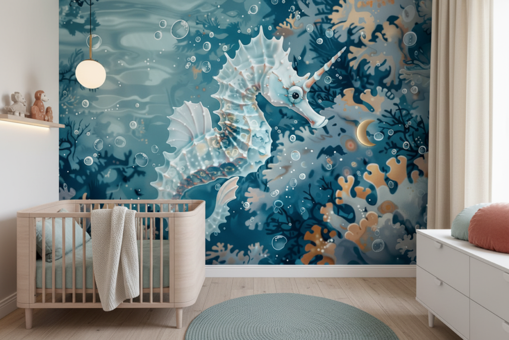 Papier peint hippocampe blanc corail fond marin tropical aquatique - Chambre bébé