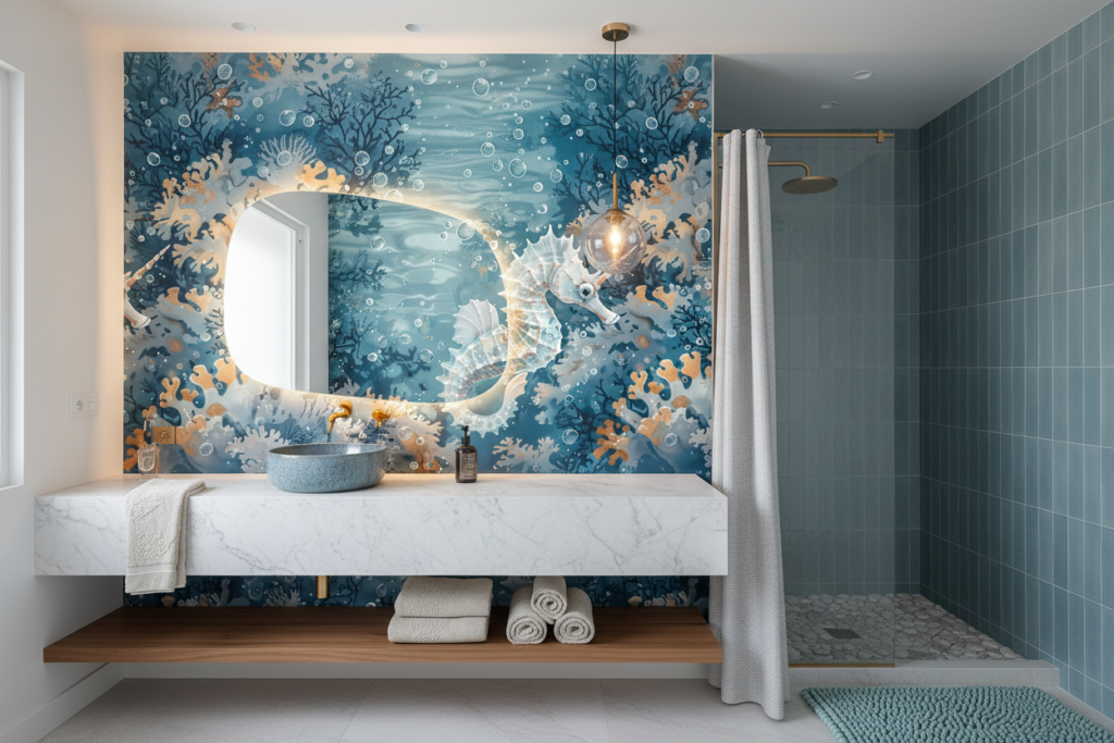 Papier peint hippocampe blanc corail fond marin tropical aquatique - Salle de bain