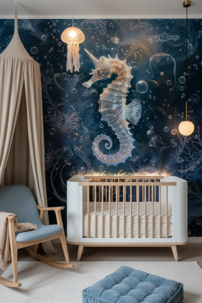 Papier peint hippocampe fantastique lumineux dans océan mystérieux avec bulles - Chambre bébé