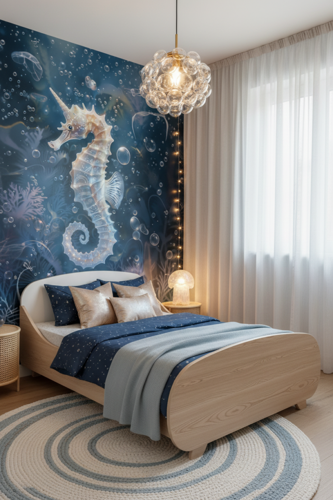 Papier peint hippocampe fantastique lumineux dans océan mystérieux avec bulles - Chambre enfant