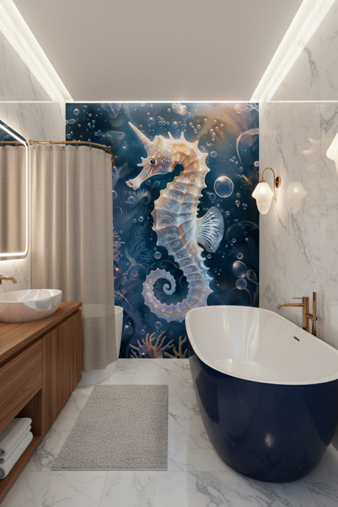 Papier peint hippocampe fantastique lumineux dans océan mystérieux avec bulles - Salle de bain