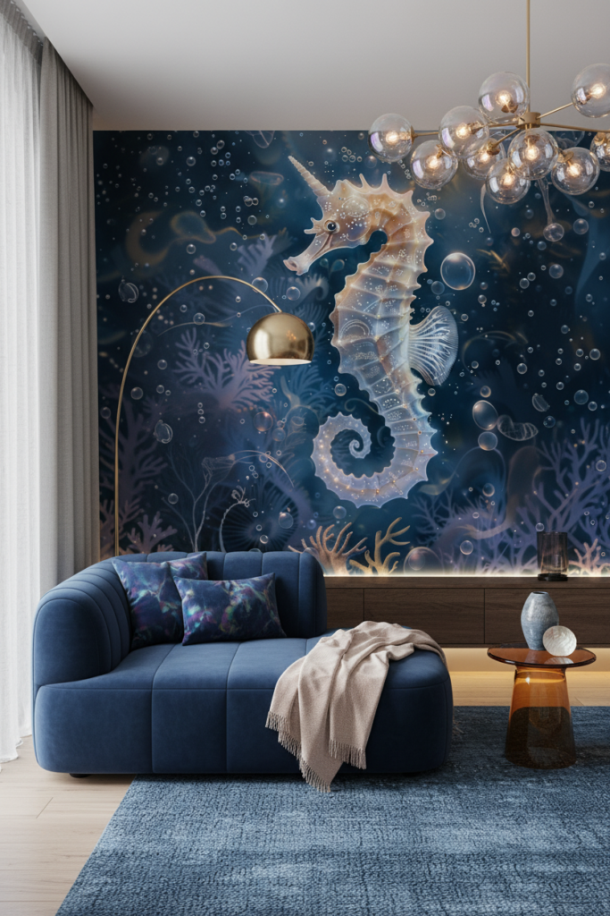 Papier peint hippocampe fantastique lumineux dans océan mystérieux avec bulles - Salon / Séjour
