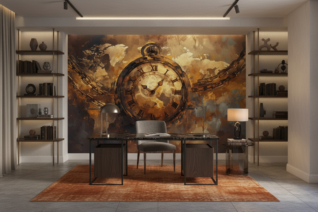 Papier Peint Horloge Vintage Dorée avec Chaînes et Texture Grunge - Bureau