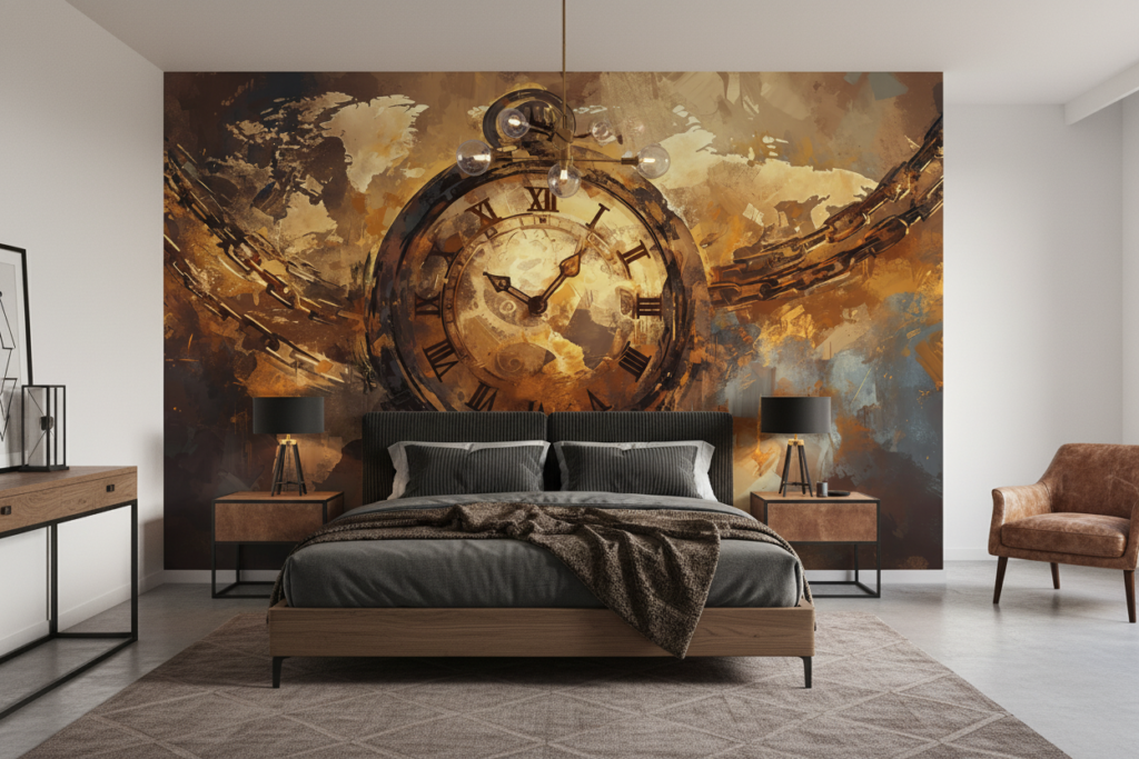 Papier Peint Horloge Vintage Dorée avec Chaînes et Texture Grunge - Chambre adulte