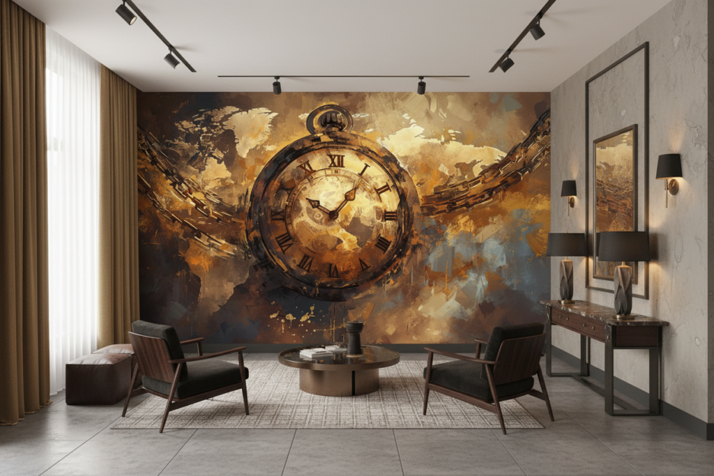 Papier Peint Horloge Vintage Dorée avec Chaînes et Texture Grunge - Hôtel