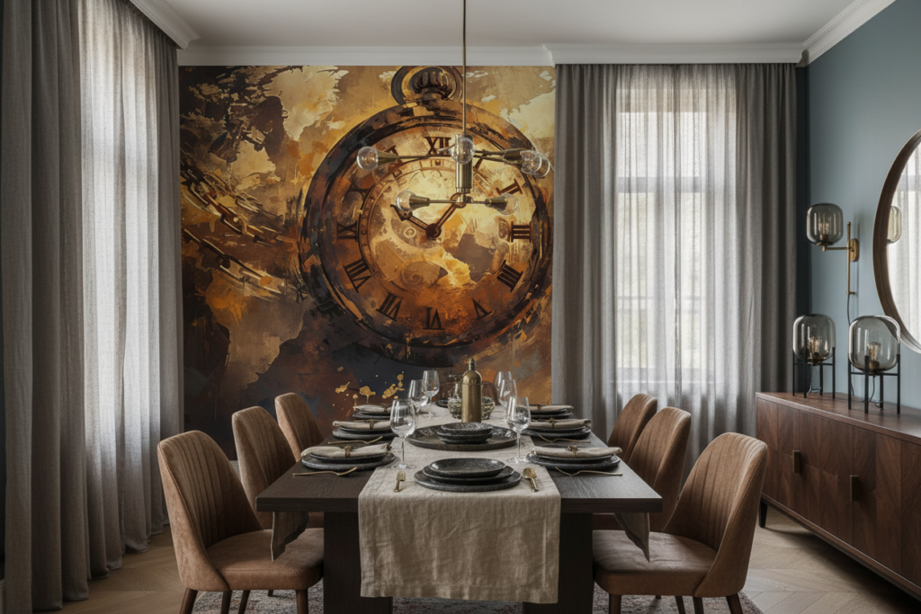 Papier Peint Horloge Vintage Dorée avec Chaînes et Texture Grunge - Salle à manger