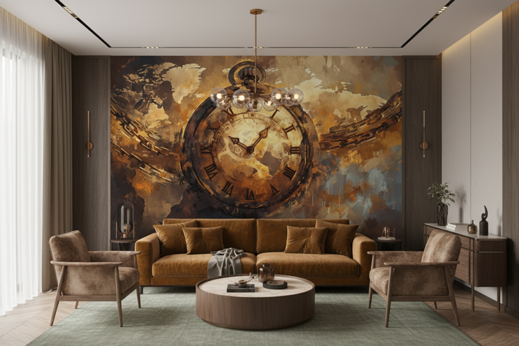 Papier Peint Horloge Vintage Dorée avec Chaînes et Texture Grunge - Salon / Séjour